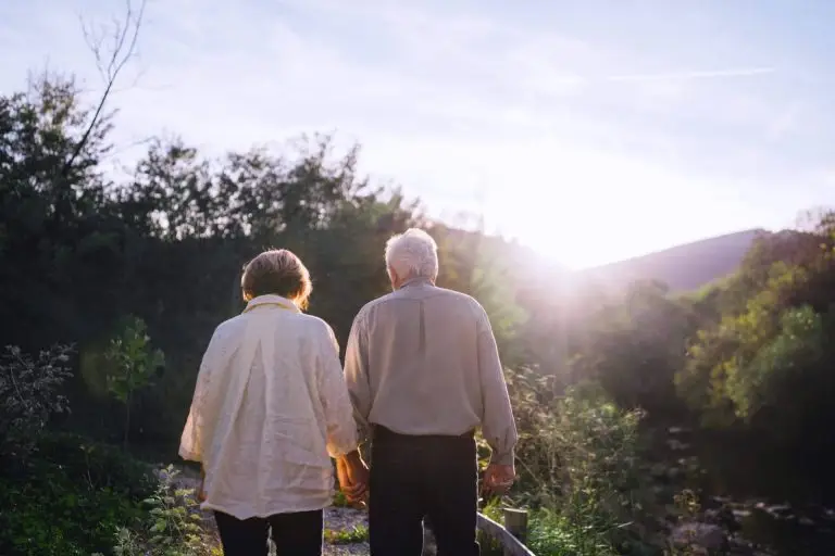 An elderly couple from behind holding hands while walking on a nature path towards a bright sunset.